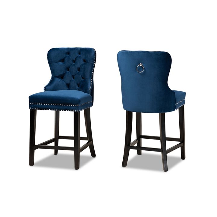Baxton Studio Howell Modern Transitional Navy Blue Velvet Upholstered and Dark Brown Finished Wood 2-Piece Counter Stool Set