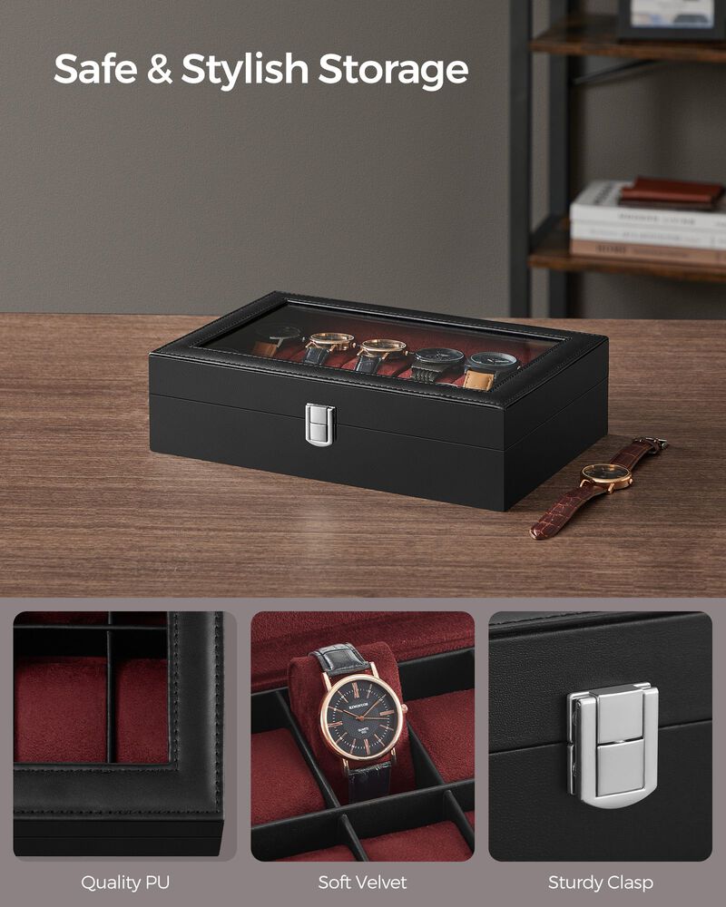 Men's 12-Slot Watch Case Glass Top, Lockable Organizer image number 2