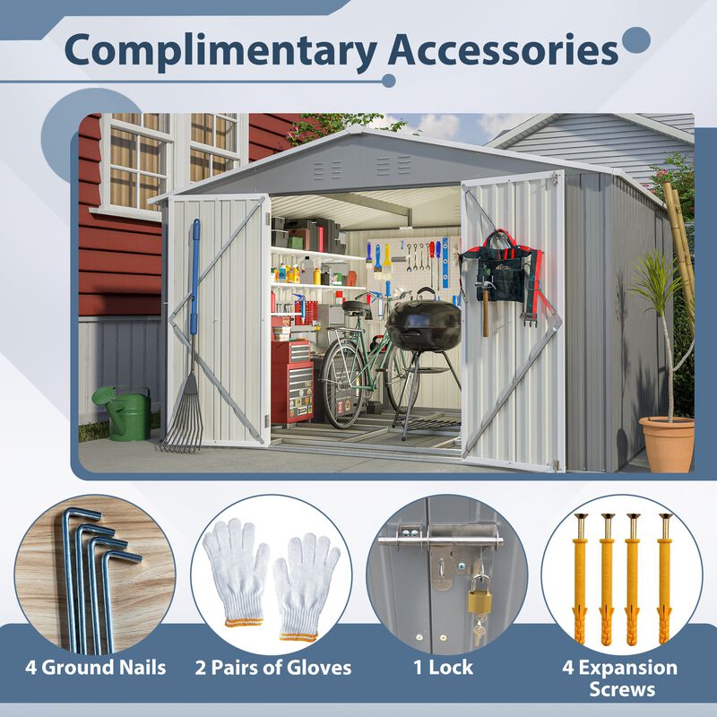 10FT x 8FT Outdoor Tool Storage Shed With Metal Foundation & Lockable Doors, All Weather Metal Sheds image number 4