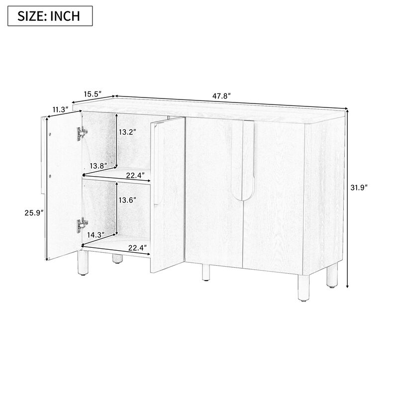 Whisen 4-Door Buffet Cabinet with Storage, Wood Sideboard Cabinet with Unique Arc Handles and Adjustable Shelves - Natural