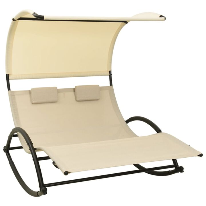vidaXL Double Sun Lounger with Canopy - Cream Textilene Fabric - Steel Frame - Comfortable Outdoor Furniture with Pillows