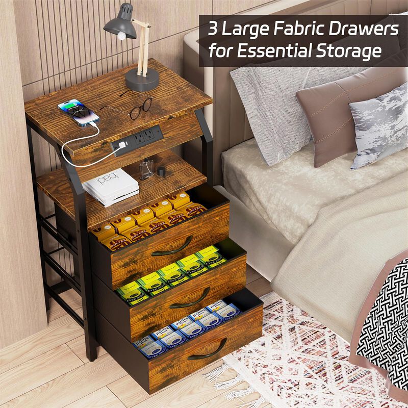 SZLHANJZ End Table with Charging Station, Nightstand with LED Lights and 3 Drawers, Small Dresser with Fabric Storage, Retro Sid