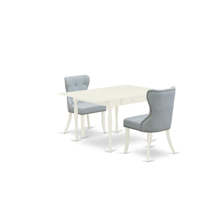 East West Furniture East-West Furniture MZSI3-LWH-15 - A dinette set of two fantastic parson dining chairs with Linen Fabric Baby Blue color and a wonderful drop leaf rectangle dining room table with Linen White color