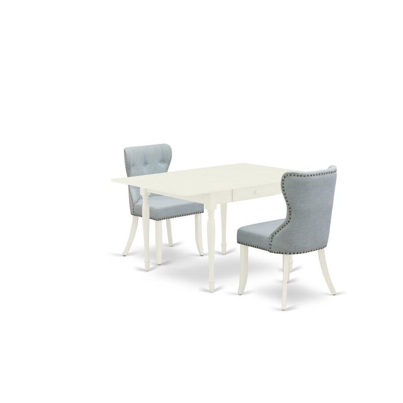 East West Furniture East-West Furniture MZSI3-LWH-15 - A dinette set of two fantastic parson dining chairs with Linen Fabric Baby Blue color and a wonderful drop leaf rectangle dining room table with Linen White color
