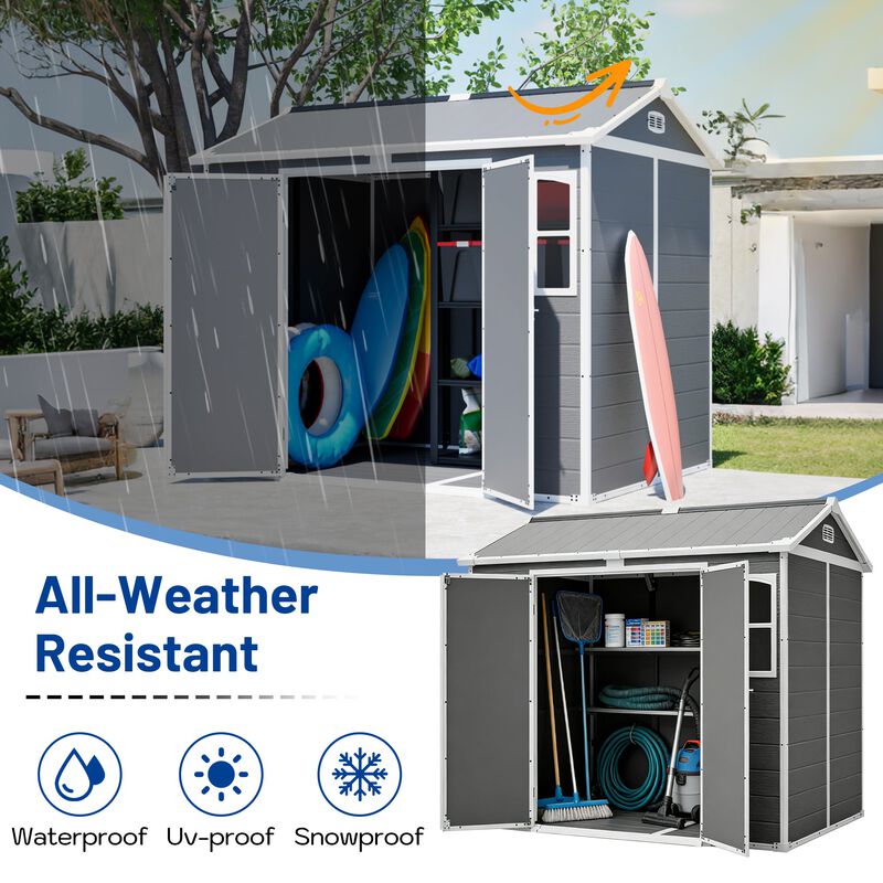 8 x 6 FT Plastic Utility Shed, Lockable Storage Shed for Garden Tools & Trash Bins, All-Weather Outdoor Organizer image number 4