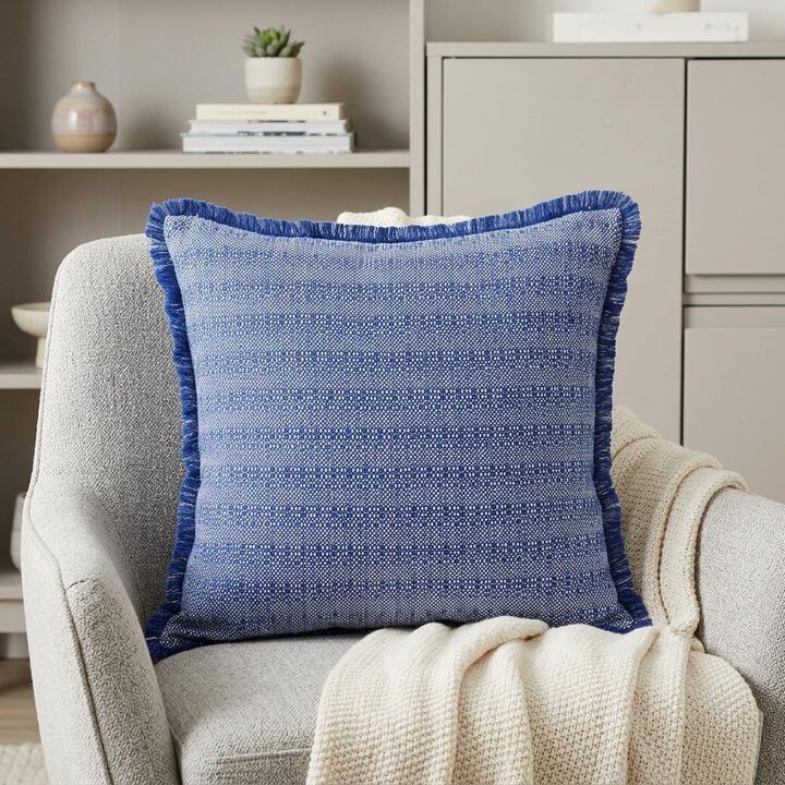 HomeRoots 24" Blue and White Striped Cotton Throw Pillow With Fringe