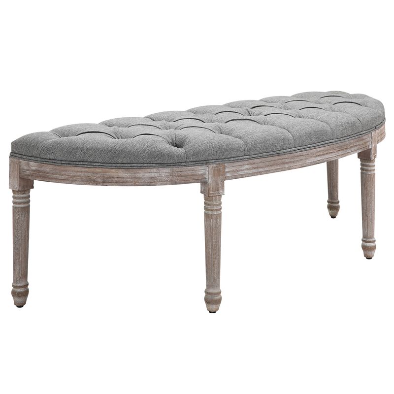 Vintage Semi-Circle Hallway Bench Tufted Upholstered Linen-Touch Fabric Accent Seat with Rubberwood Legs, Grey image number 1