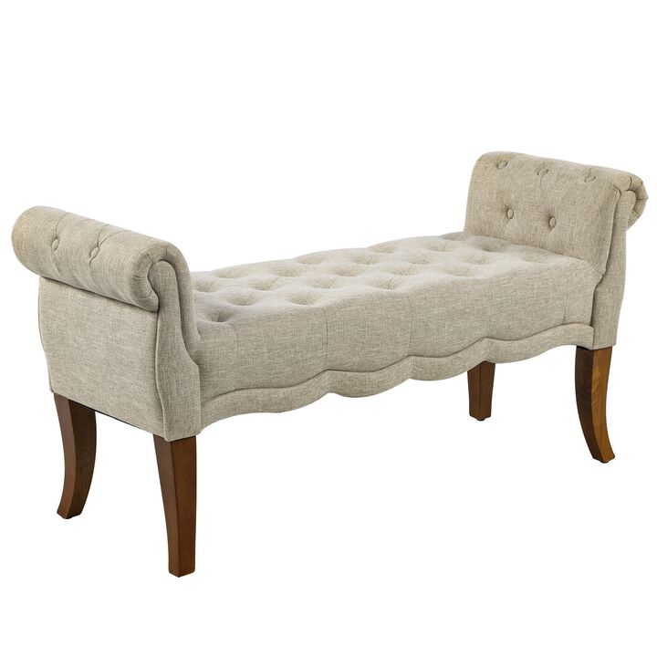 Traditional Style Entryway Bed End Shoe Bench with Button Tufted and Rounded Arm for Living Room, Beige
