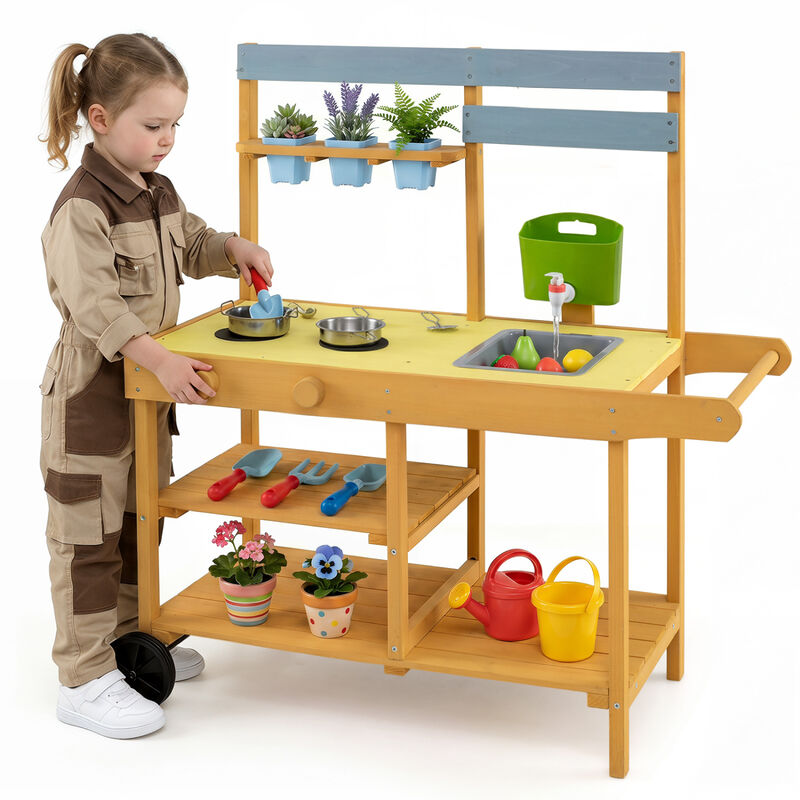 Outdoor Mud Kitchen for Kids with Flowerpots and Rolling Wheels image number 3
