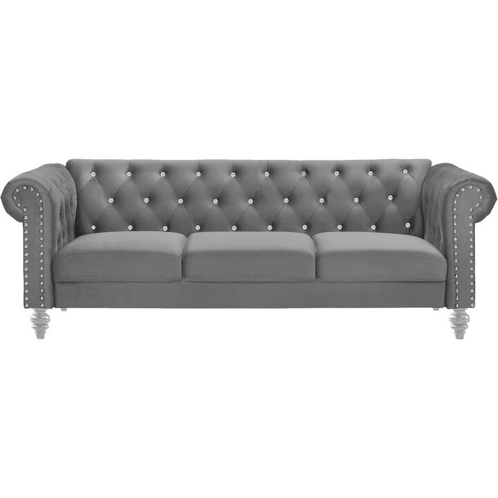 Velvet Fabric Sofa with Rolled Arms in Gray, Elegant Living Room Seating