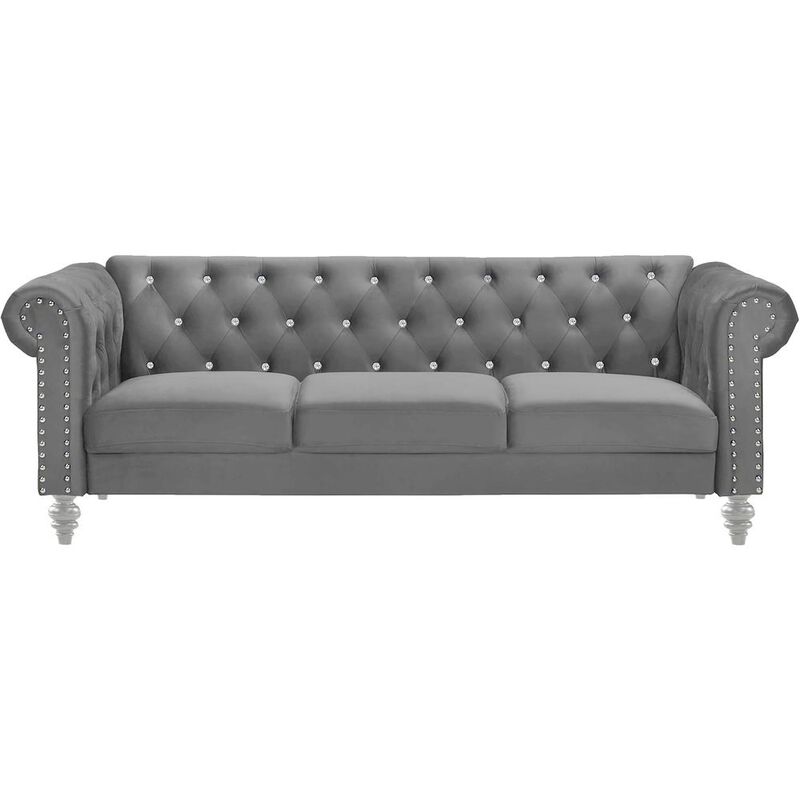 Velvet Fabric Sofa with Rolled Arms in Gray, Elegant Living Room Seating image number 1