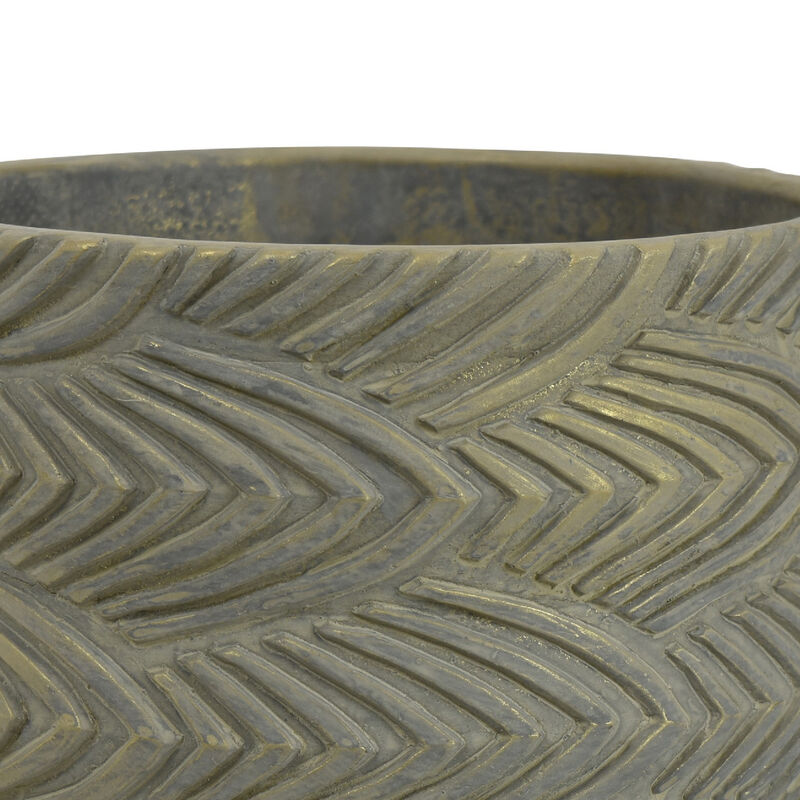 Cylindrical Planter, Raised Feather Motifs, Gray and Gold Terracotta 7 Inch image number 5
