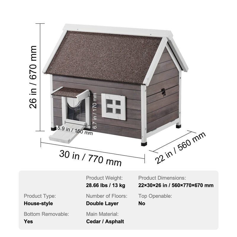 Outdoor Cat House Wooden Feral Cat Shelter with Roof Door Flaps & Window