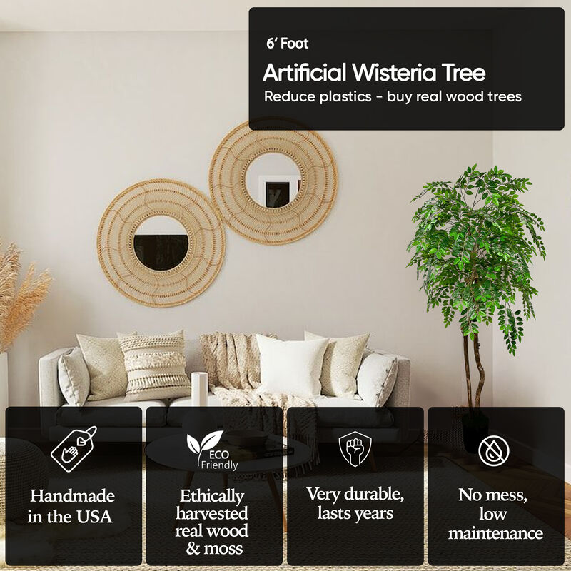 Handmade 6' Artificial Wisteria Tree In Home Basics Plastic Pot Made with Real Wood and Moss Accents