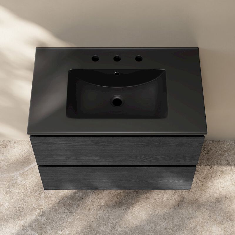 30" Wall-Mounted Bathroom Vanity in Black Oak, Black 3-Hole Widespread Sink Top image number 3
