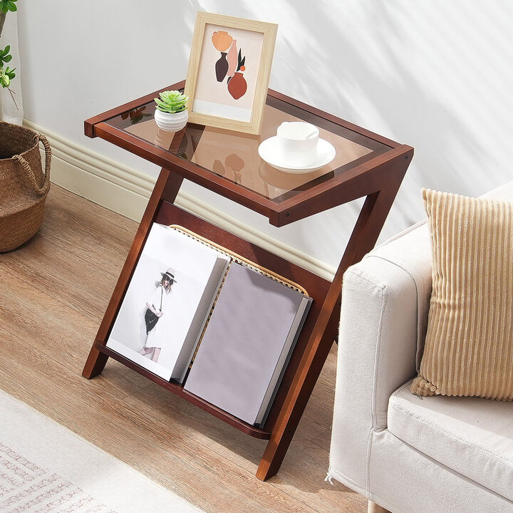 Z-Shaped Rattan Woven Wicker End Table with Tempered Glass Top