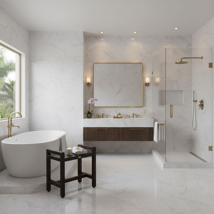 DecoTeak Eleganto 20" Teak Wood Shower Bench with LiftAide Arms in Woodland Brown Finish