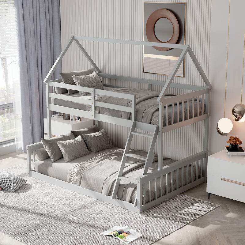 Twin Over Full House Bunk Bed with Ladder and Guardrails