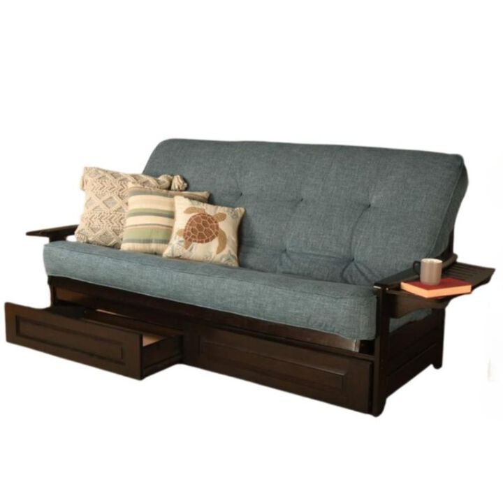 Phoenix Frame Queen-Espresso Finish-Linen Aqua Mattress-Storage Drawers