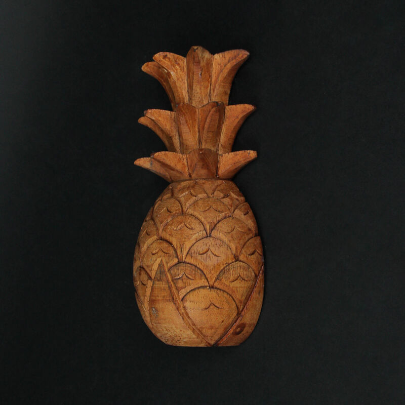 Set of 2 Hand Carved Wooden Pineapple Hanging Wall Art Sculptures Home Decor image number 3
