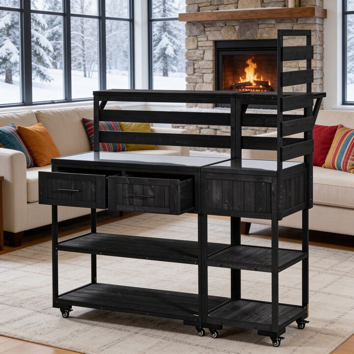 Whisen 36.2"H Kitchen Island with Expandable Stainless Top, Drawers, Wheels & Spice Rack