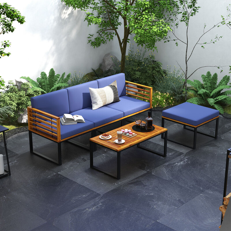 5-Piece Patio Acacia Wood Chair Set with Ottoman and Coffee Table-Navy