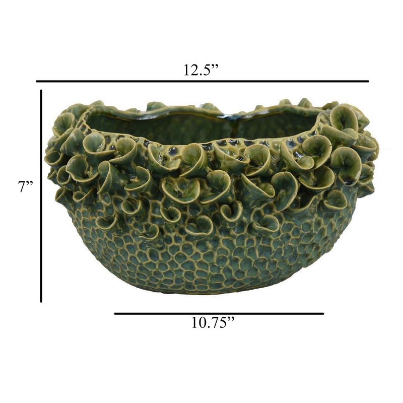 Nina Decorative Bowl, Textured Green Ceramic, Abstract Floral 13 Inch - Benzara