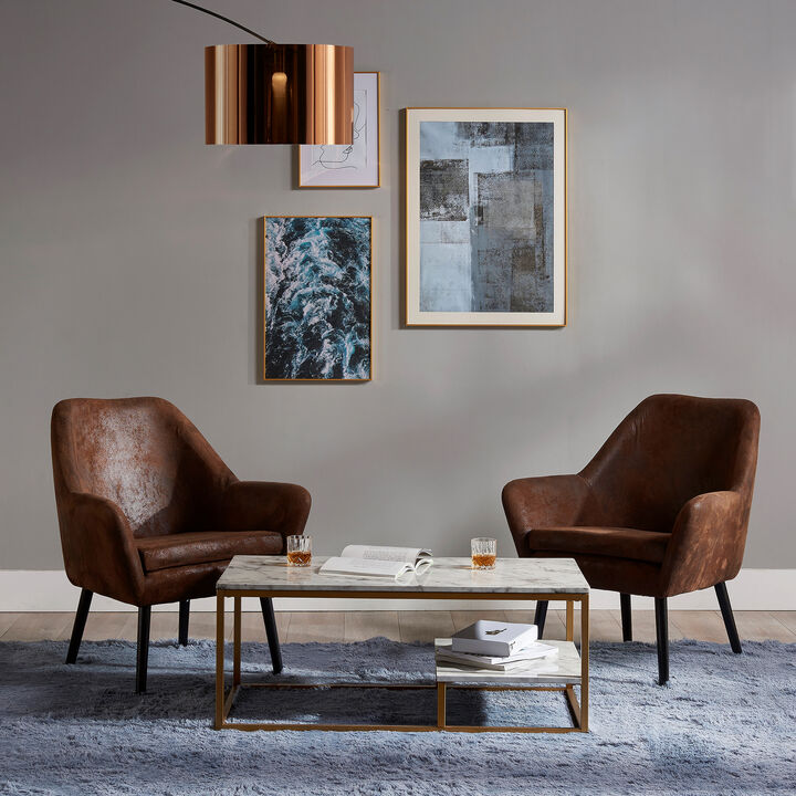 Marmo Modern Marble-Look Coffee Table with Shelf, Marble/Brass