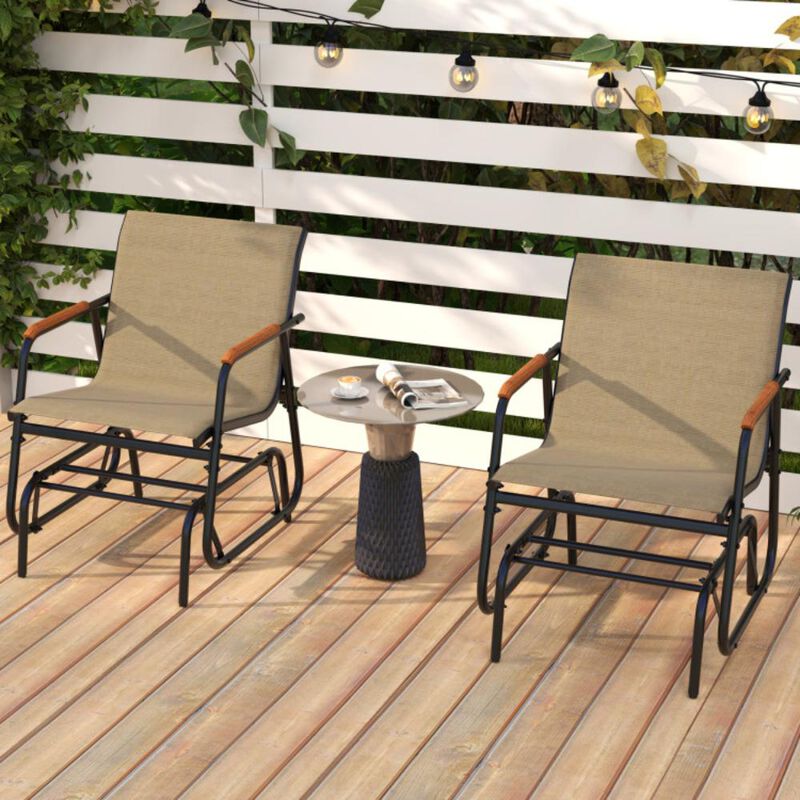 Hivvago Patio Glider Chair Set of 2 with Curved Teak Armrests and Breathable Fabric Seat