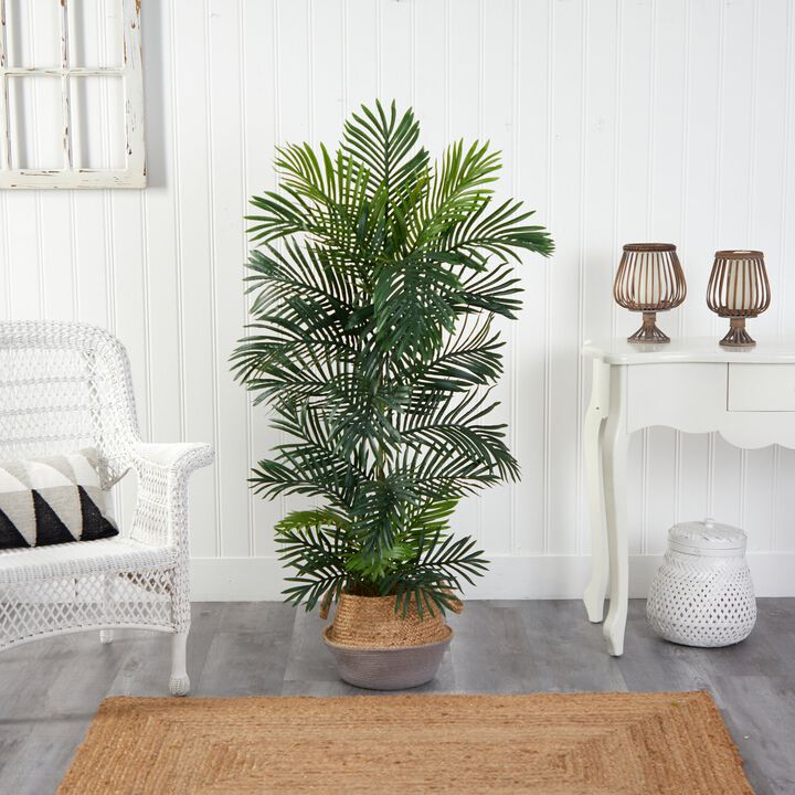 HomPlanti 5 Feet Areca Artificial Palm Tree in Boho Chic Handmade Cotton & Jute Gray Woven Planter UV Resistant (Indoor/Outdoor)