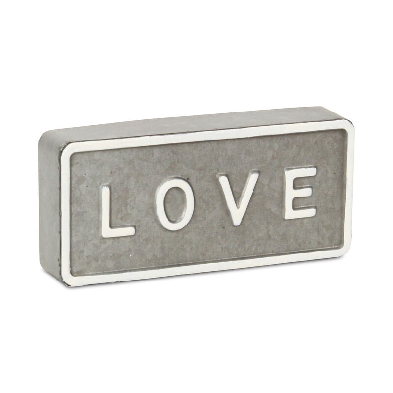 HomeRoots 4" Gray And White Galvanized Metal Love Hand Painted Tabletop Sign image number 0