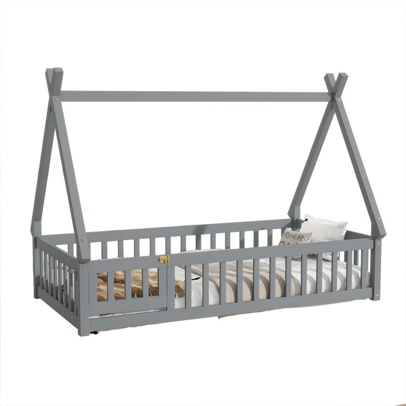Whisen Wooden Teepee Tent Bed with Guardrails and Slats, Twin Floor Bed with Door for Kids image number 0