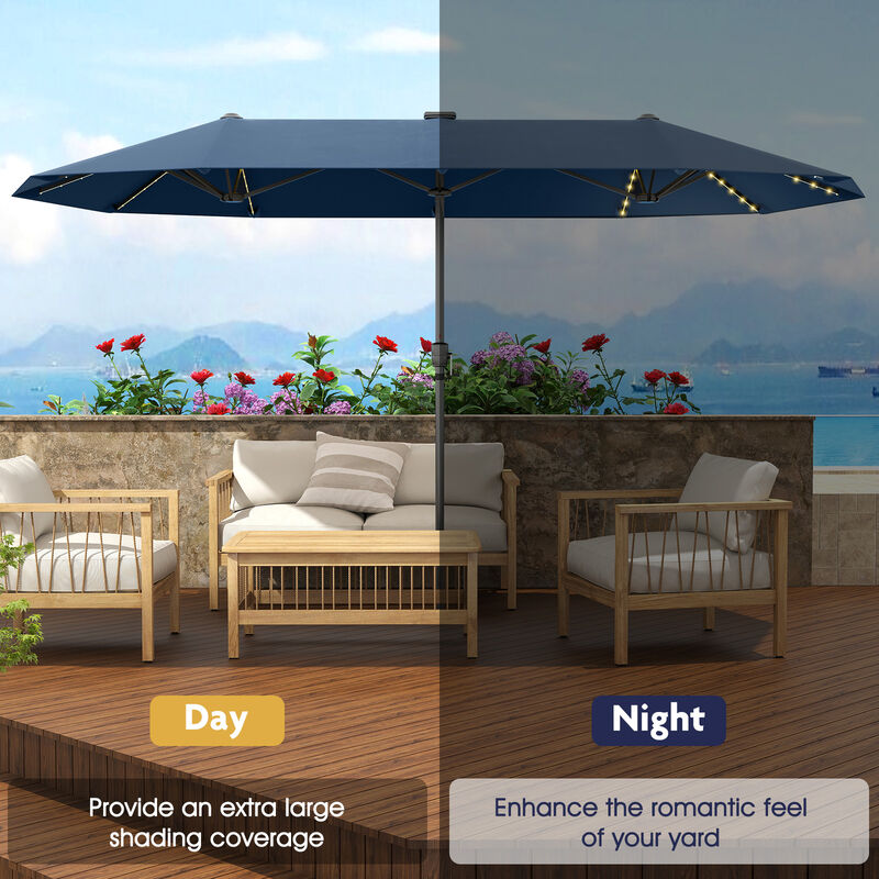 Large Patio Umbrella with LED Solar Lights and Crank Handle