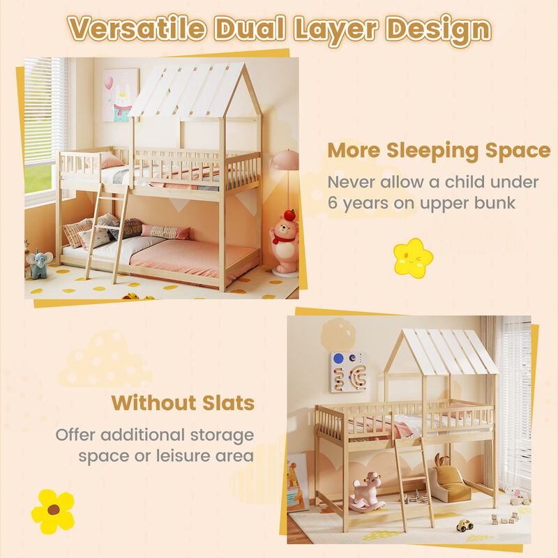 Kids Twin Over Twin House Bunk Bed with Roof & Safety Guardrails-Natural image number 7