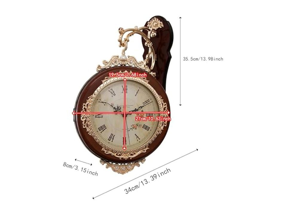 Double Sided European Antique Mounted Wall Clock Silent Outdoor Brown
