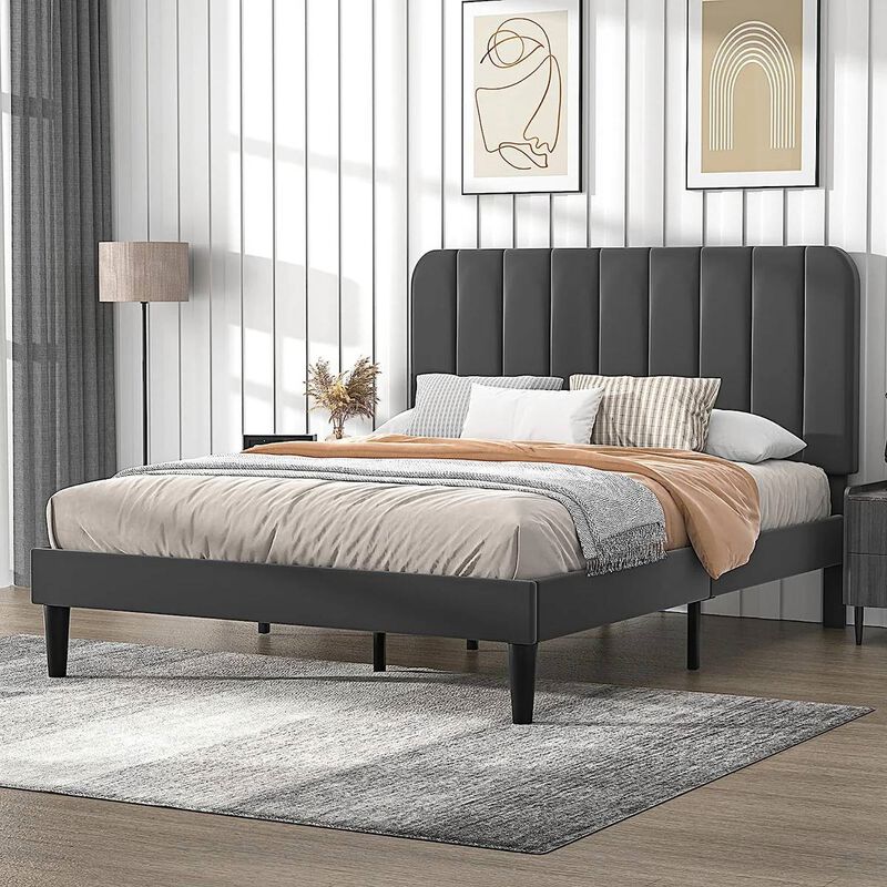 Low Profile Platform Bed Frame with Upholstered Headboard – Easy Assembly