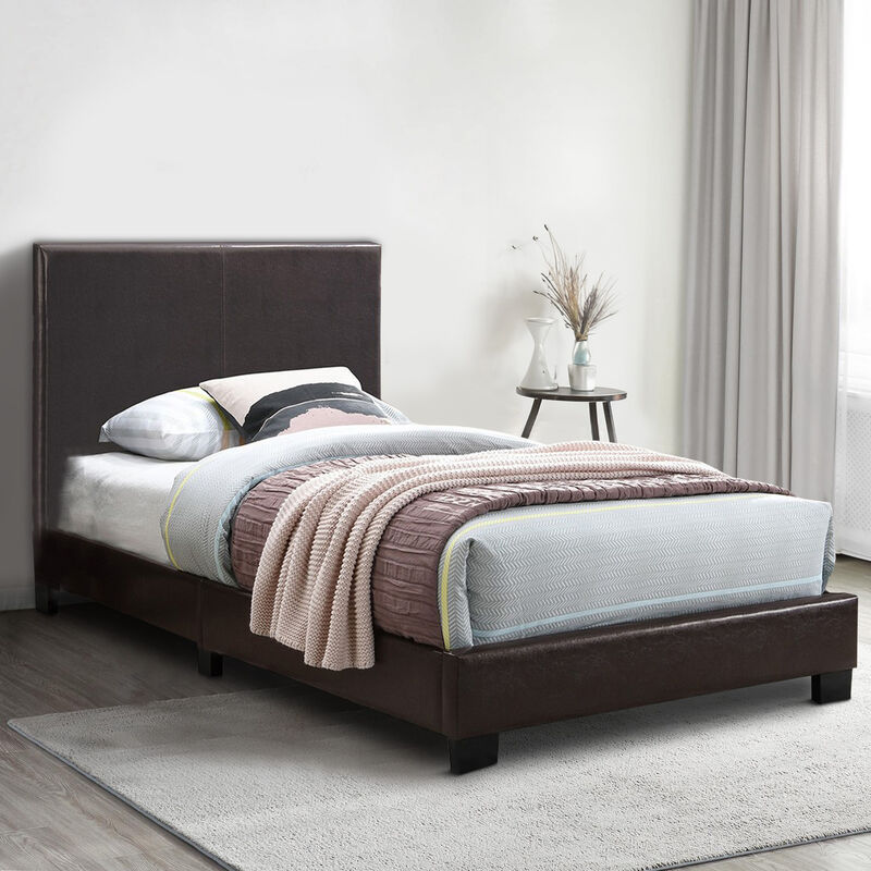 Transitional Style Leatherette Queen Bed with Padded Headboard, Dark Brown-Benzara