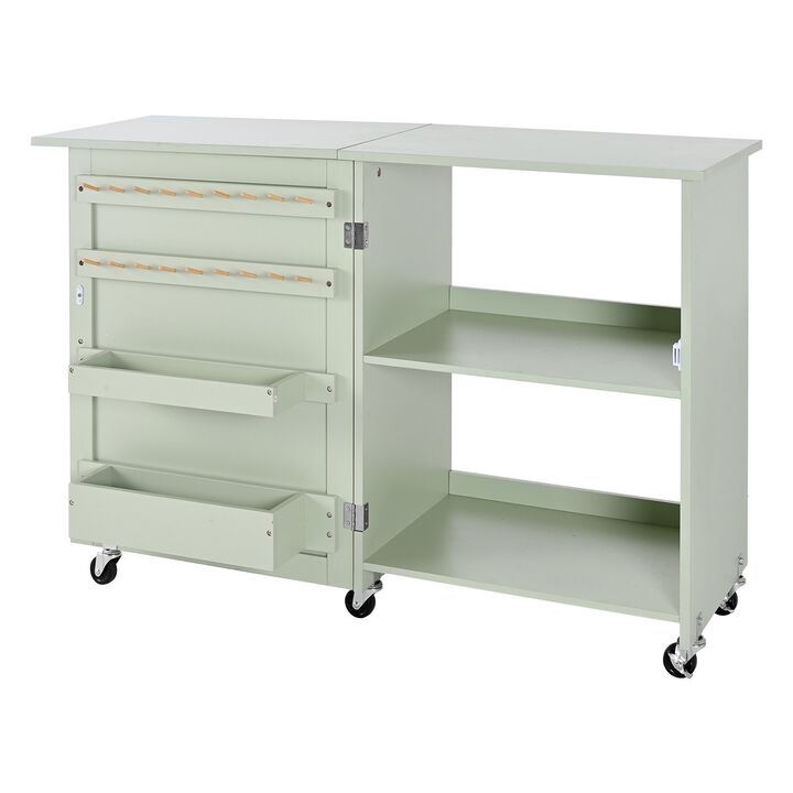 Folding Sewing Table with Storage Cabinet, Wheels, Shelves and Magnetic Doors