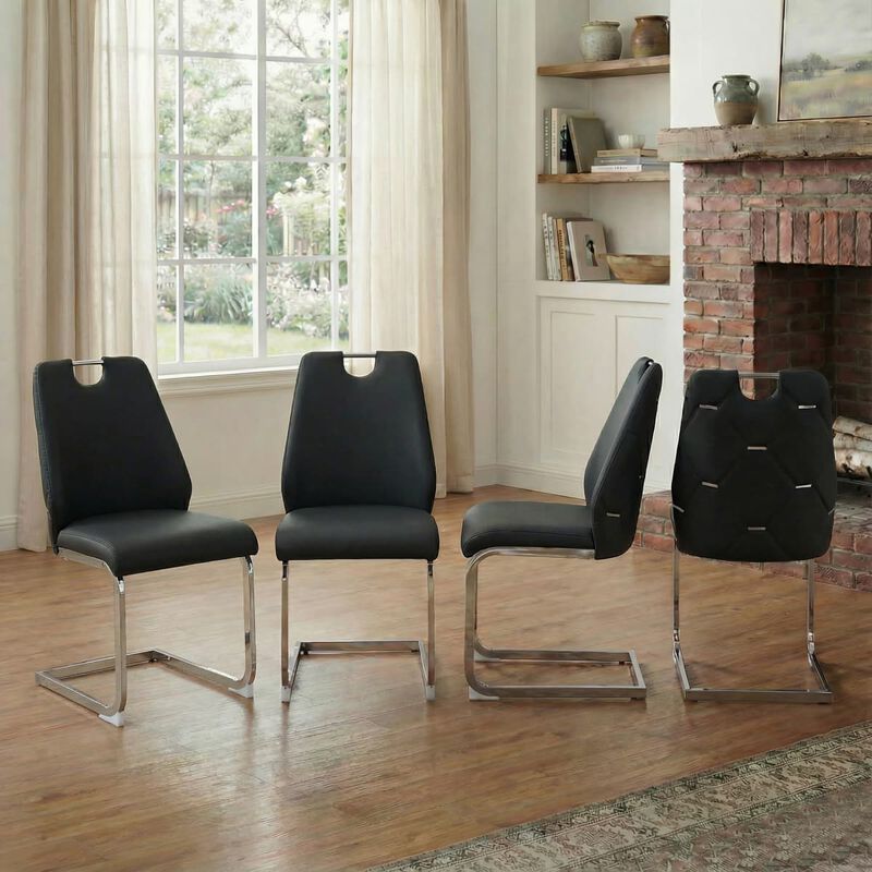 Set of 4 PU leather dining chairs rectangular high back solid back dining chair with pull ring modern kitchen dining chairs wipe clean image number 1