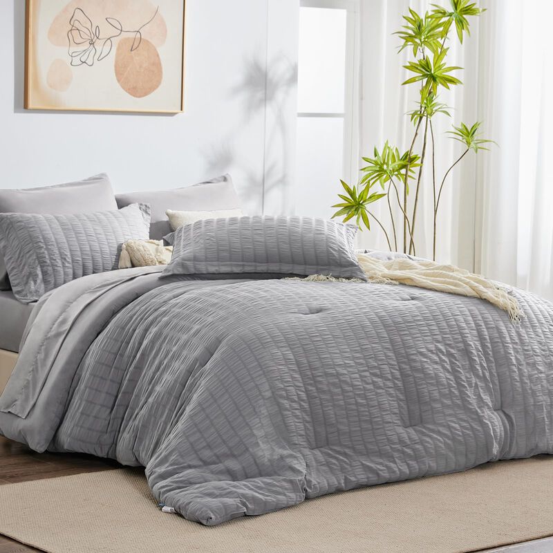 CozyLux Queen Bed in a Bag Light Grey Seersucker Textured Comforter Set with Sheets 7-Pieces All Season Bedding Sets with Comfor