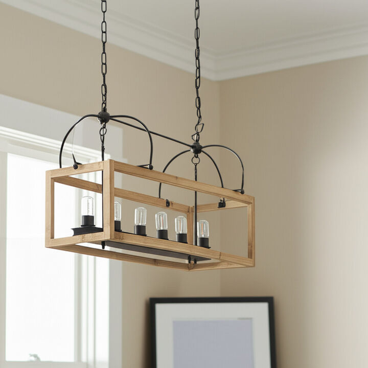 HomeRoots Natural And Black Candle Style Six Light Wood and Metal Dimmable Chandelier