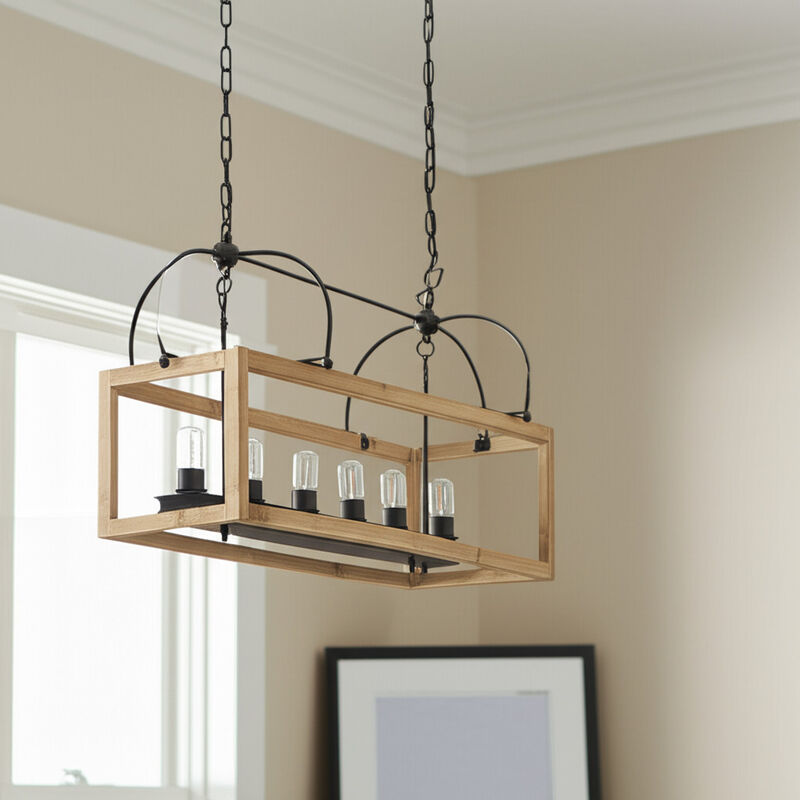 HomeRoots Natural And Black Candle Style Six Light Wood and Metal Dimmable Chandelier image number 1