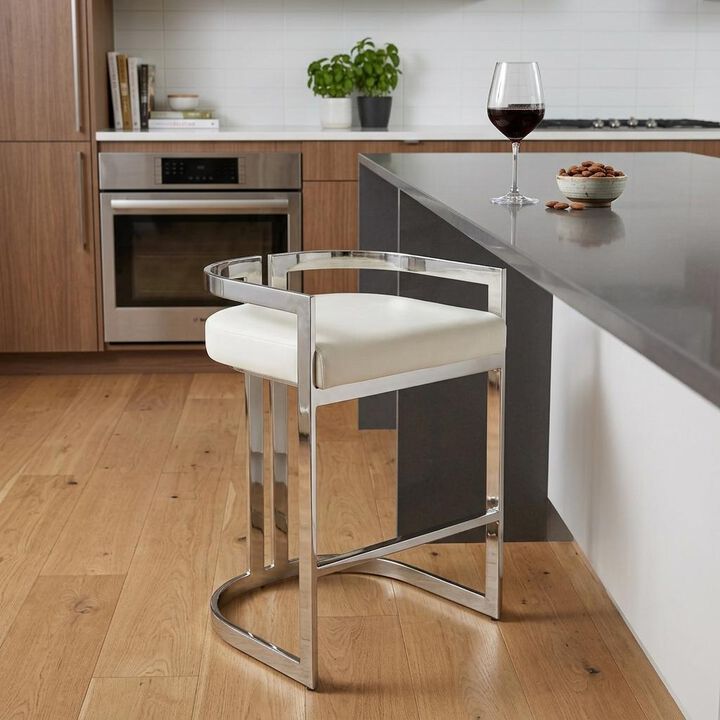 HomeRoots 28" White and Silver Stainless Steel and Iron Low Back Counter Height Bar Chair