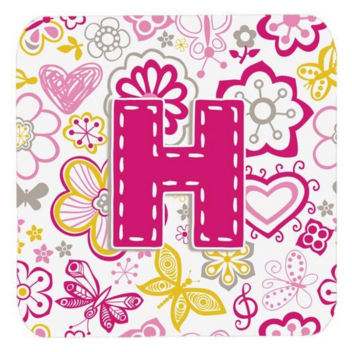 Caroline's Treasures CJ2005-HFC Letter H Flowers and Butterflies Pink Foam Coasters (Set of 4), 3.5, Multicolor