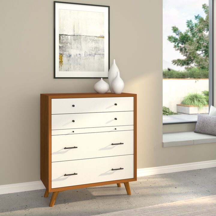 Flynn Mid Century Modern 4 Drawer Two Tone Multifunction Chest w/Pull Out Tray, Acorn/White