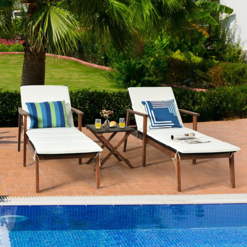 Hivvago 3 Pieces Portable Patio Cushioned Rattan Lounge Chair Set with Folding Table