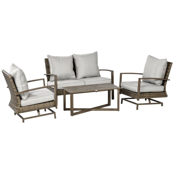 4 Piece Patio Furniture Set with Cushions, Outdoor Conversation Sets with Rattan Rocking Chair, Wicker Loveseat and Aluminum Coffee Table for Backyard, Lawn and Pool, Light Gray
