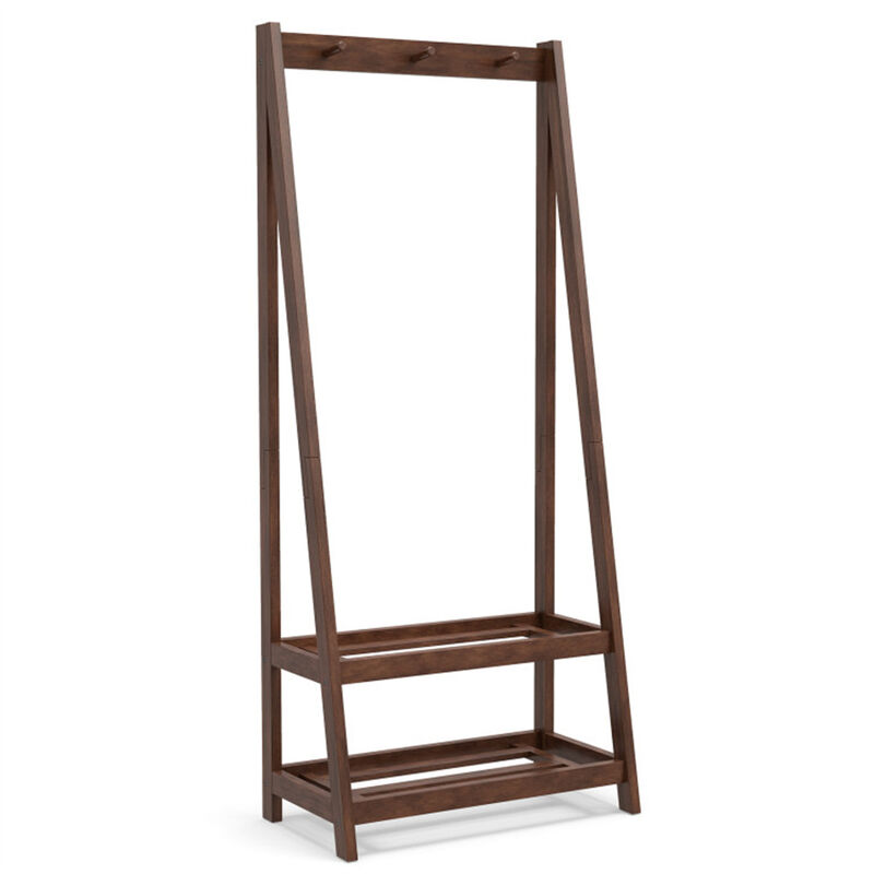 Freestanding Wood Coat Rack with A Frame Design 3 Hooks and 2 Shelves image number 0