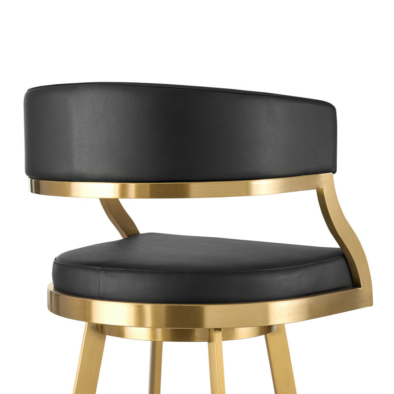 HomeRoots 30" Black and Gold Faux Leather and Stainless Steel Low Back Bar Height Swivel Bar Chair image number 4