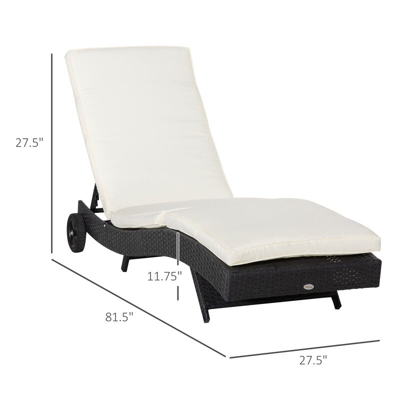 Patio Wicker Cushioned Chaise Lounge Chair, Outdoor PE Rattan Sun lounger w/ 5-Level Adjustable Backrest & Wheels, Off-white